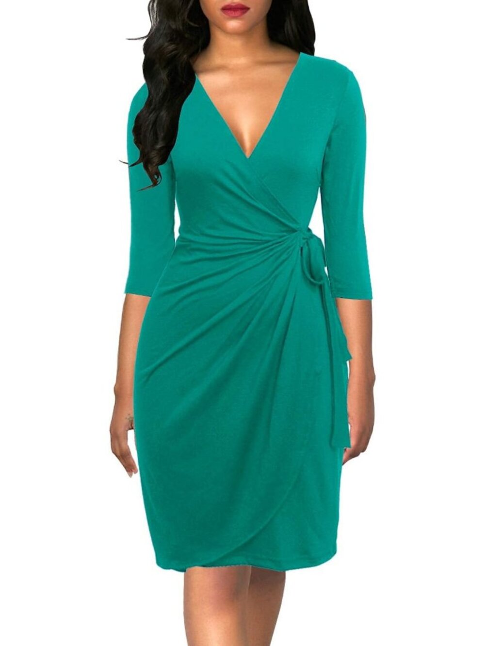 Women's Turquoise 3/4 Sleeve Faux Elegant V Neck Bodycon Midi Knee Wrap Dresses